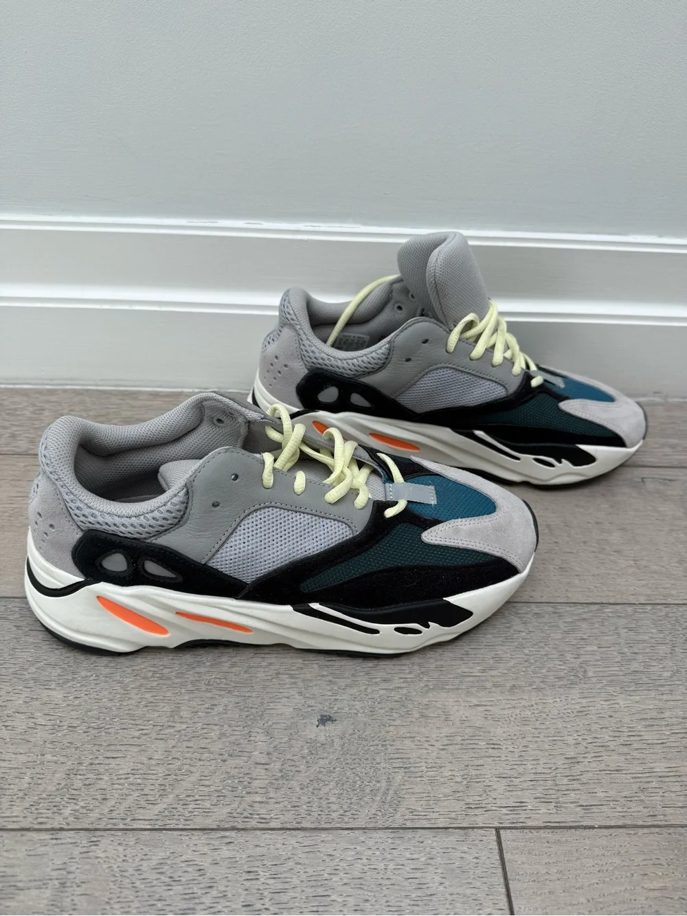 Adidas Yeezy Men’s Grey, Teal & Black Sneakers with Neon Orange Accents